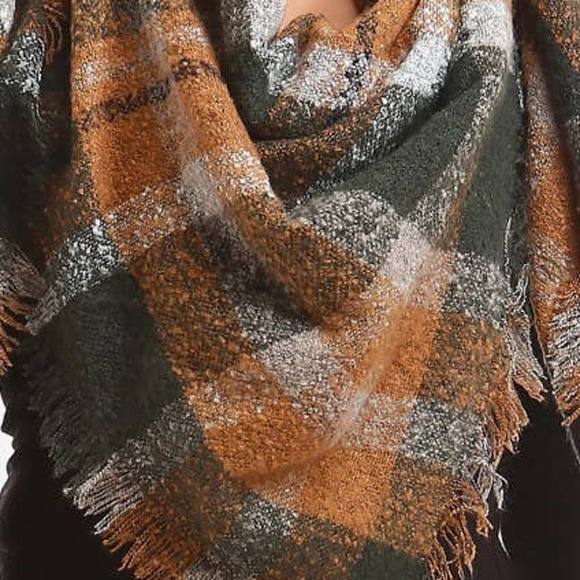 Brown Olive Black Cream Plaid Frayed Blanket Scarf - Picture 2 of 2